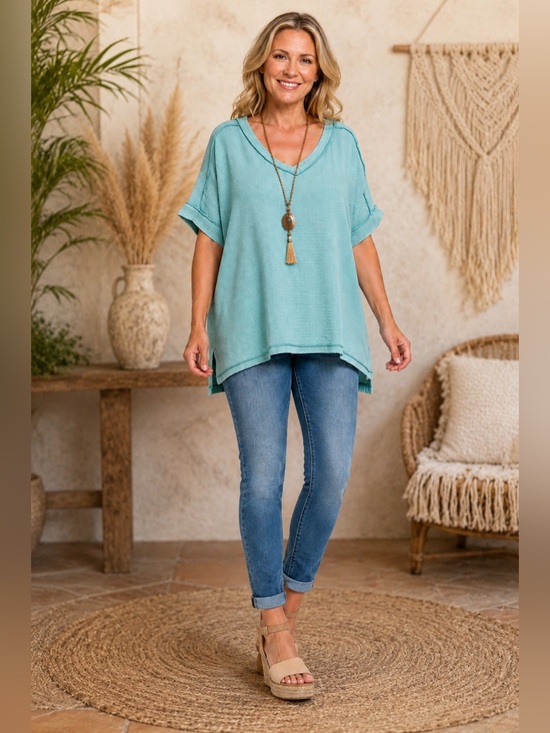 Zenana Outfitters Tops - Zenana Dusty Teal Acid Wash Loose Fit Double Gauze Cuffed Top
